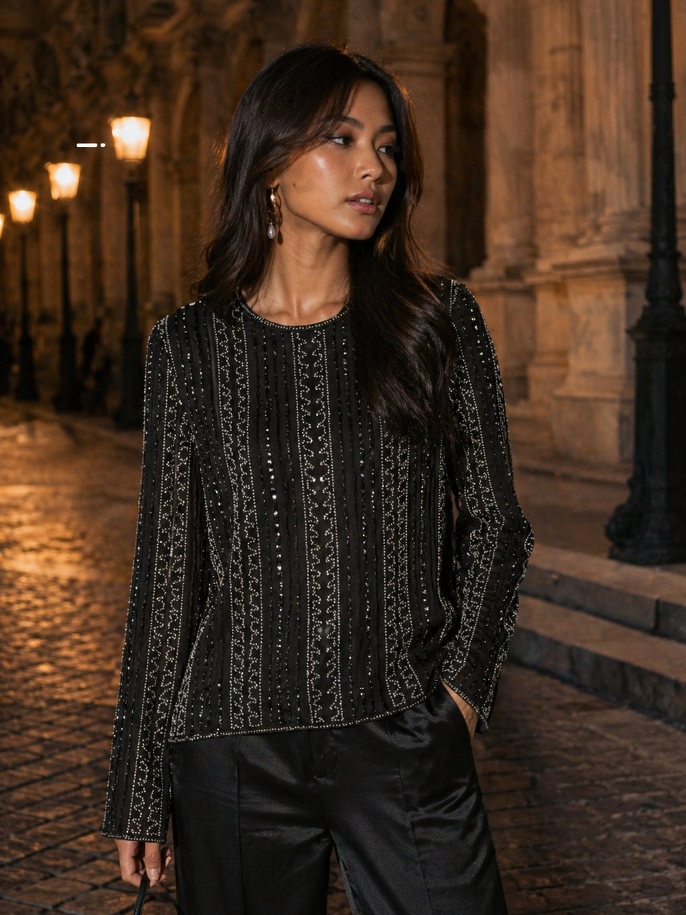 Vintage Royal Feelings Silk Beaded Sequin Top Black Formal Blouse Size L Party